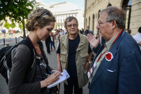 I bumped into Polish democracy hero Adam Michnik on the street in Warsaw after a large pro-European rally on the street and decided to quickly interview him. Photo by Kuba Kaminski.
